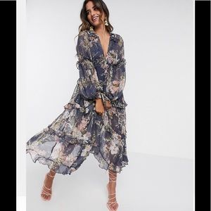 ASOS DESIGN Rutched Tiered Midi Dress in Navy Floral Print with Lace Trim